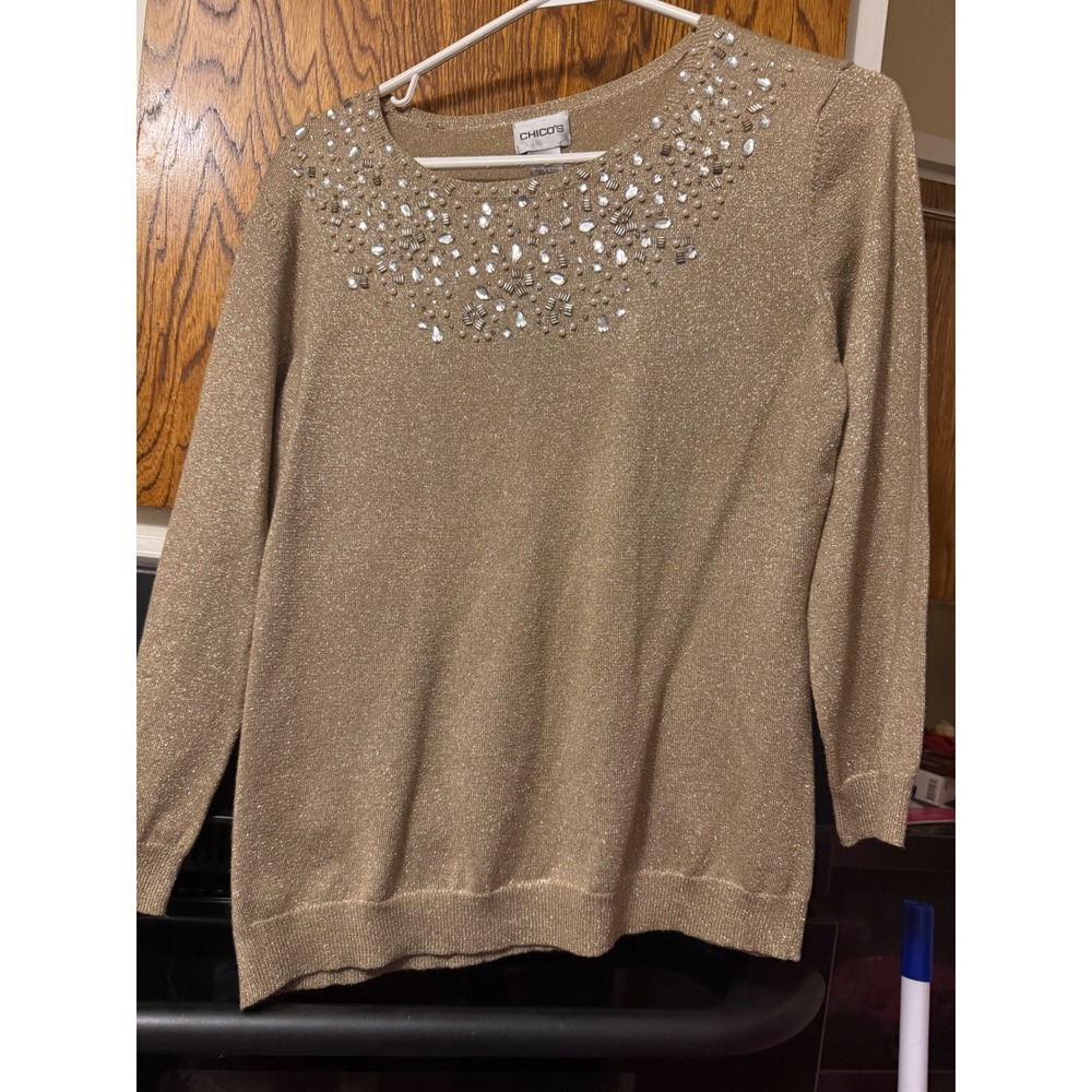 Chicos Gold Metallic Embellished Sweater Crystal Pearl Neck Knit Top Size 0 S